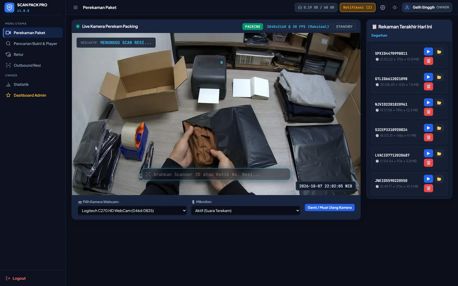 Menu Perekaman Paket dengan tampilan kamera langsung, pemilih webcam, dan daftar rekaman terakhir hari ini