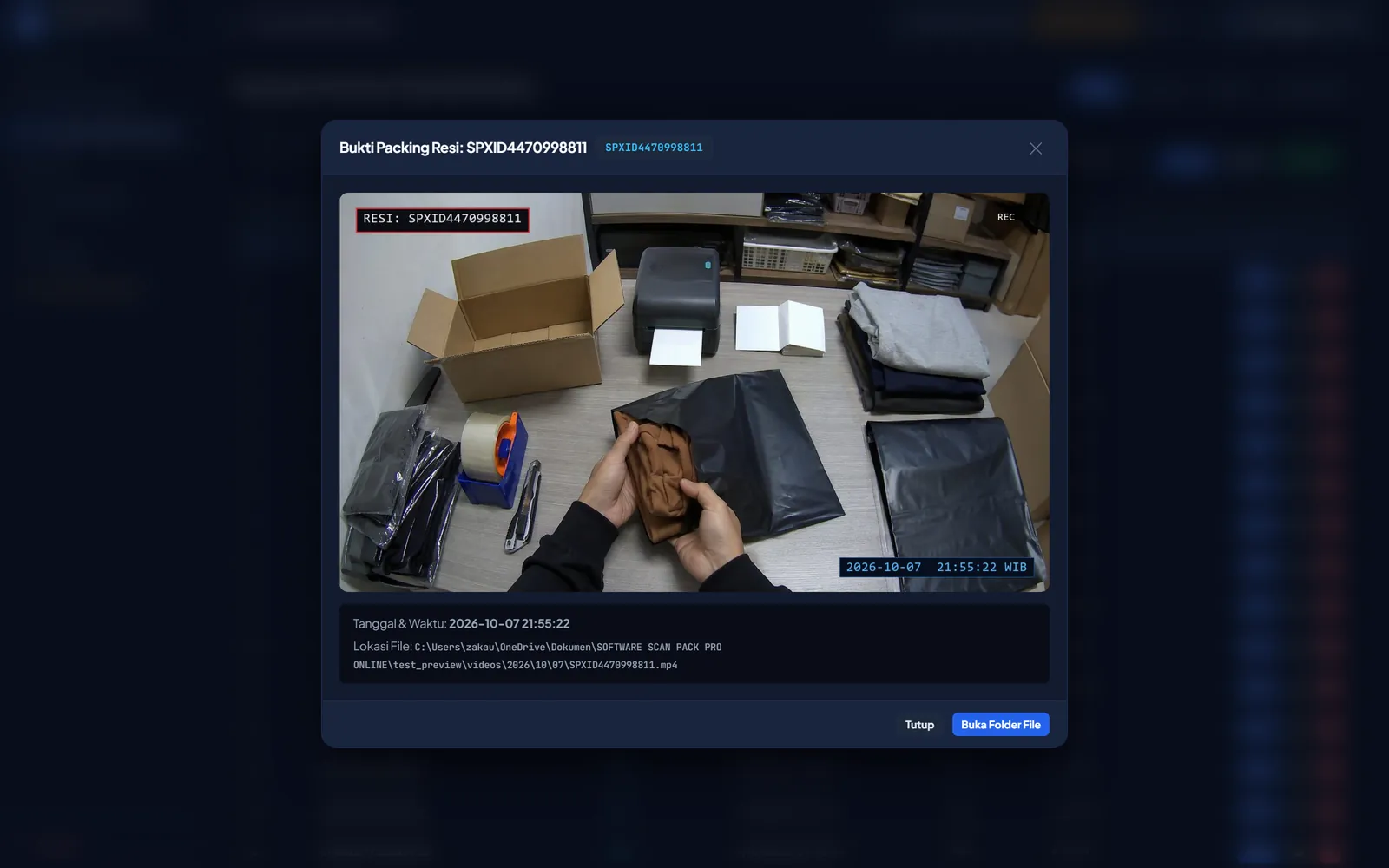 Pemutar video bukti dengan kontrol pemutaran dan tombol unduh