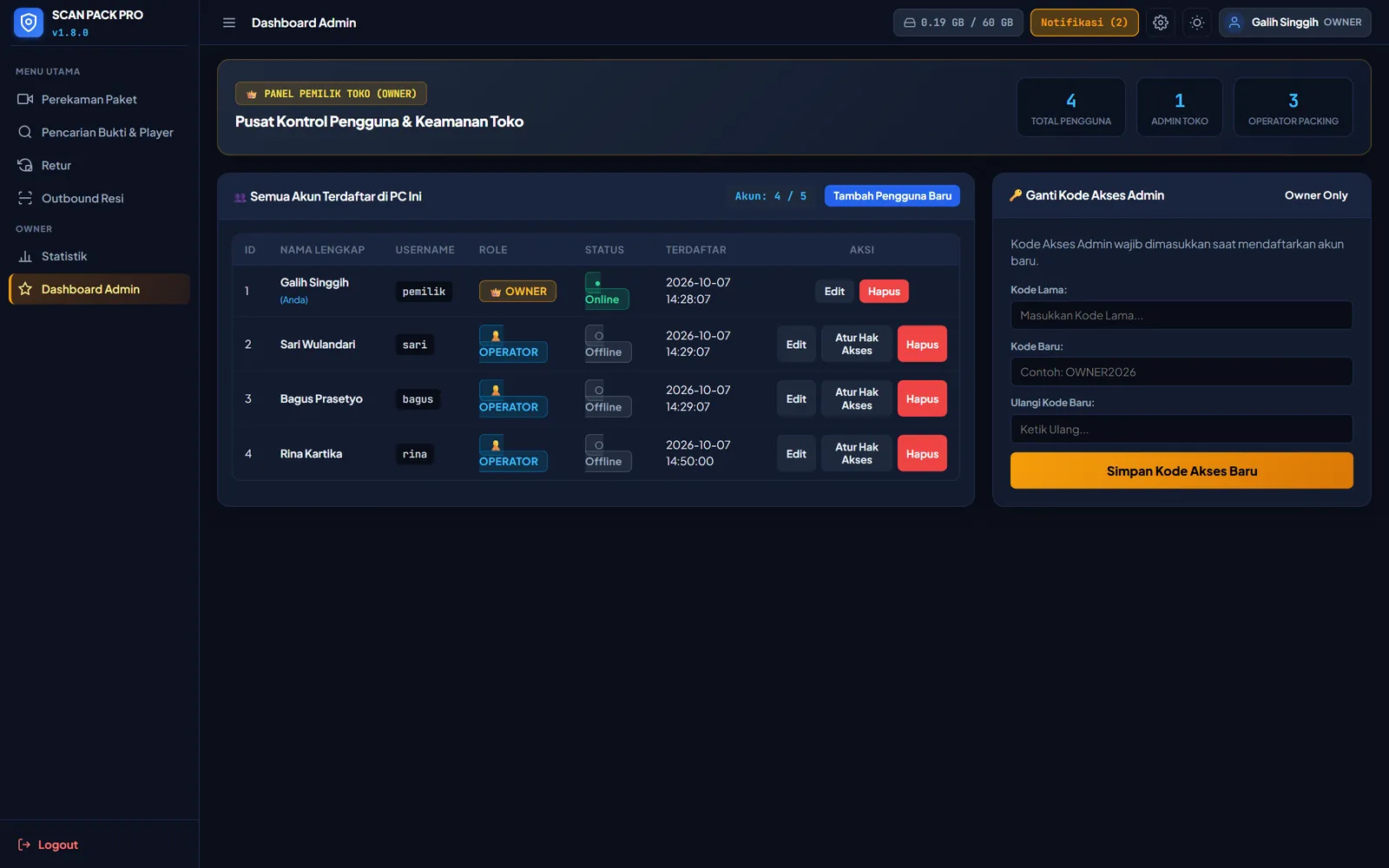 Dashboard Admin dengan manajemen pengguna dan log audit