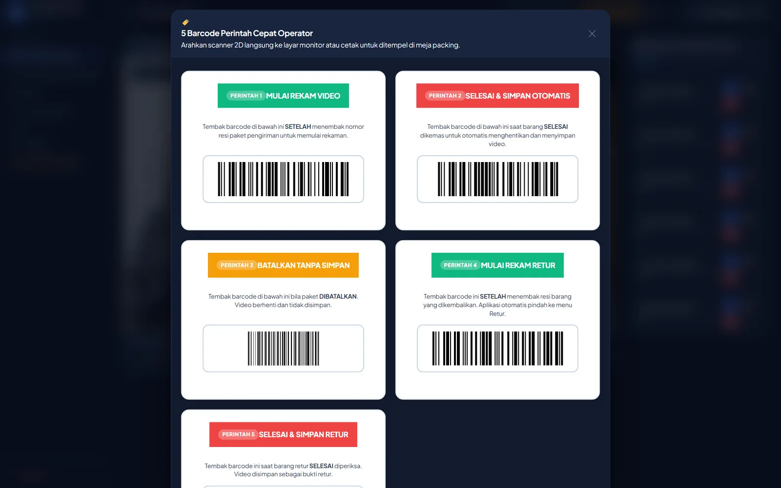 Dialog lima barcode perintah operator: mulai rekam, selesai dan simpan, batalkan, mulai rekam retur, selesai dan simpan retur